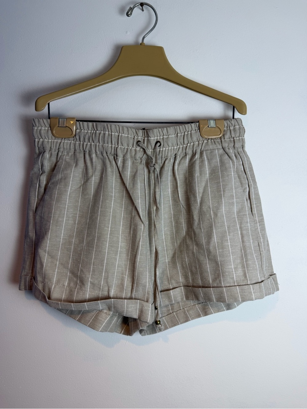 Love Tree High-Waist Pinstripe Linen-Blend Shorts in Taupe